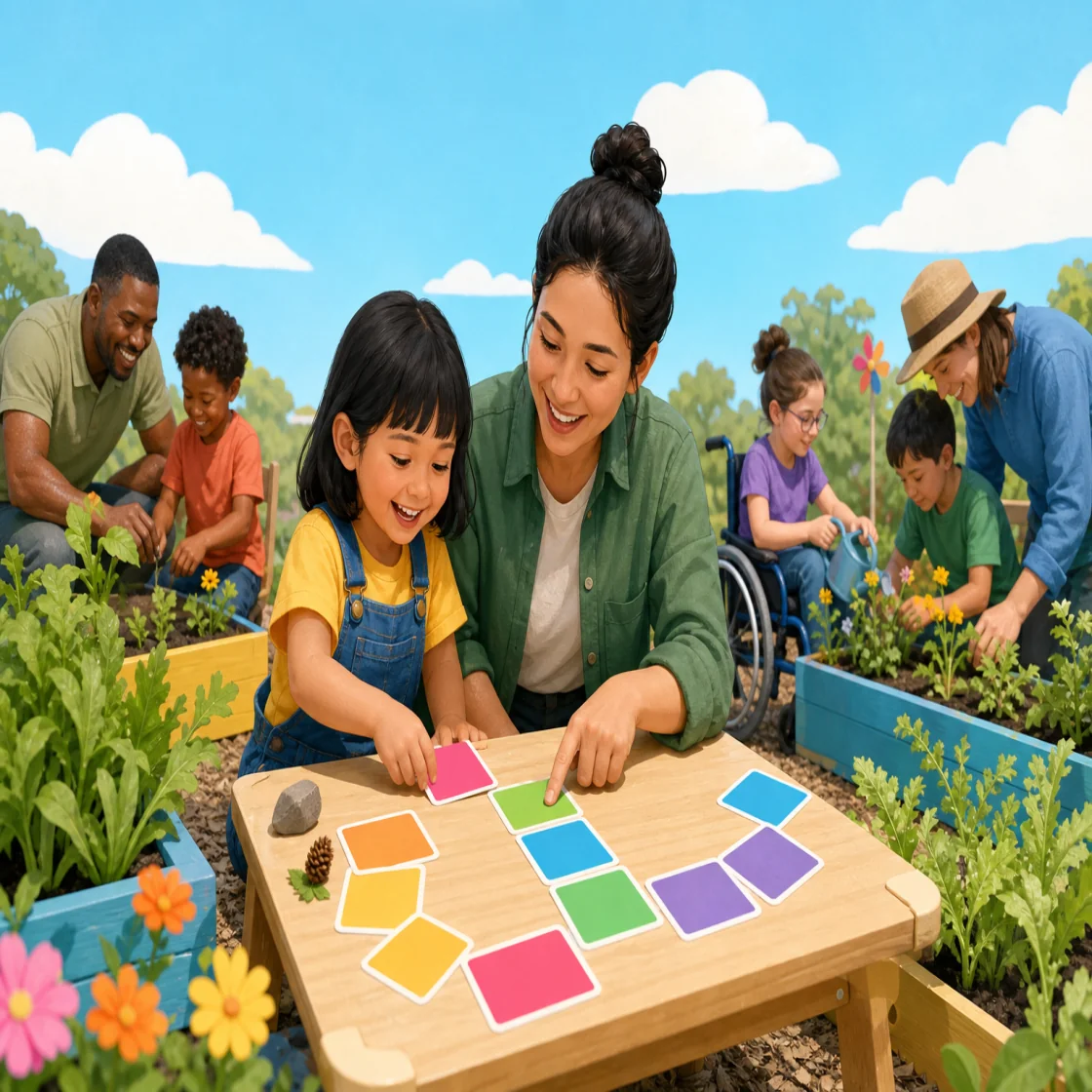 Young learners and responsible adults arranging blank field cards in a garden