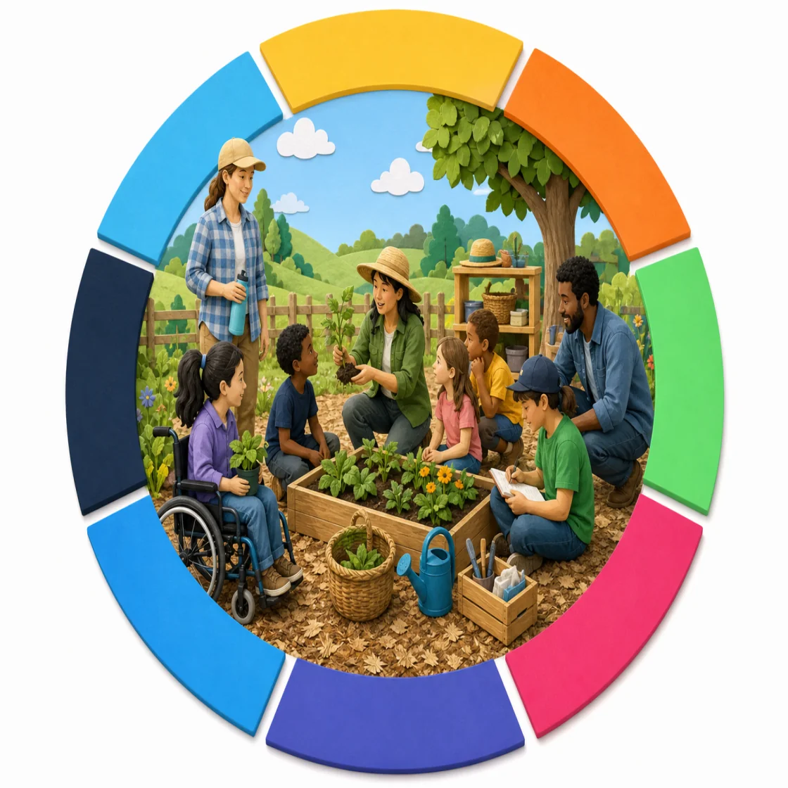 A colorful circular preparation ring around a supervised outdoor setup