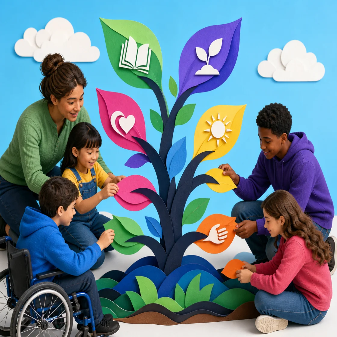 A colorful paper-cut canopy representing the Fieldful learning project