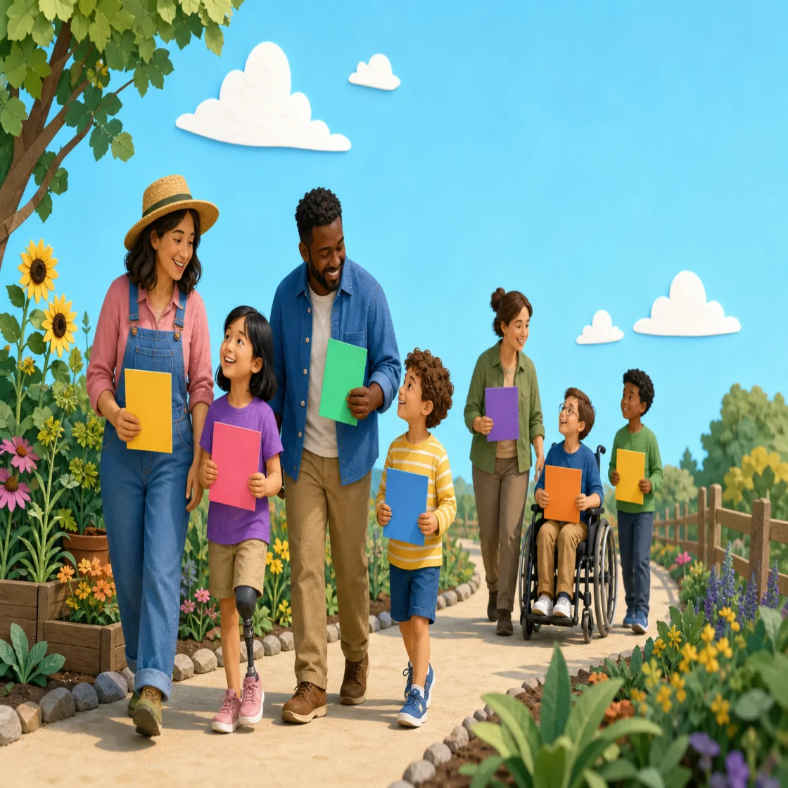 Young learners and adults carrying colorful field cards along a garden path